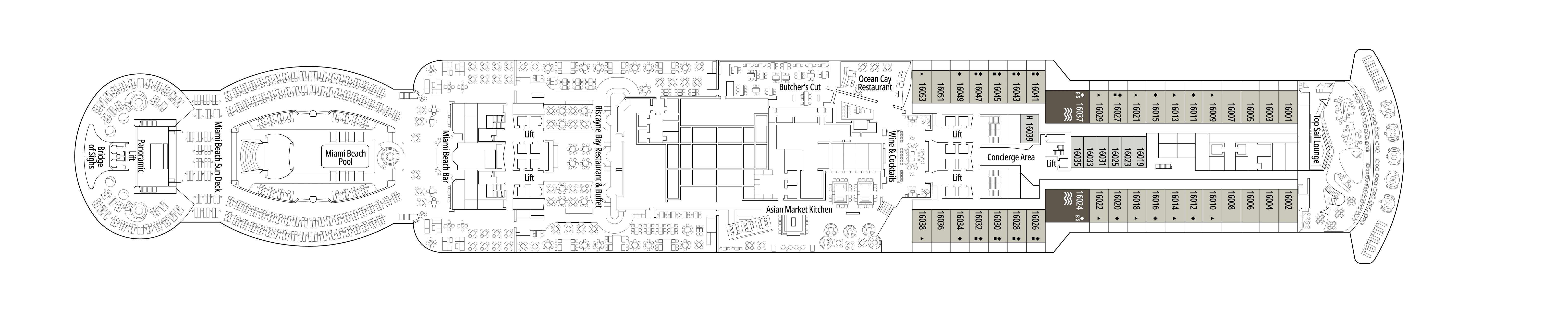 MSC Seaside, Deck 16: official cabin and venue layout