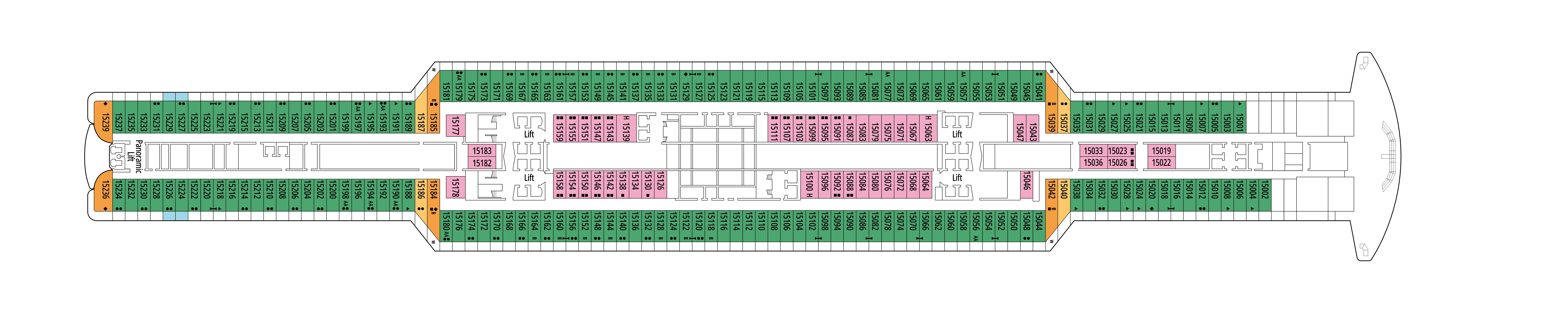 MSC Seaside, Deck 15: official cabin and venue layout