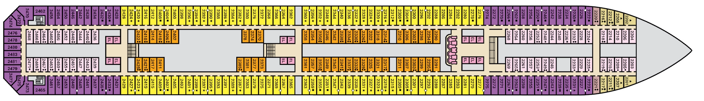 Carnival Glory, Deck 2: official cabin and venue layout