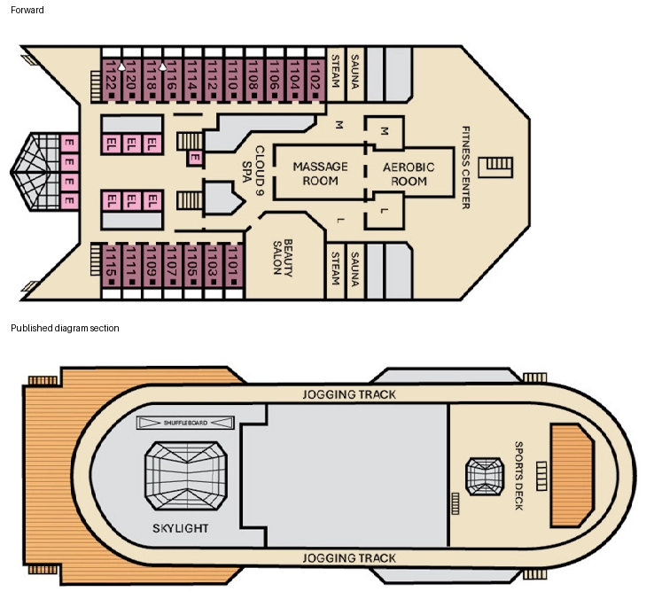 Carnival Glory, Deck 11: official cabin and venue layout