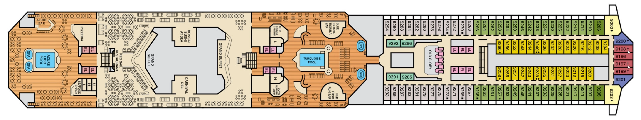 Carnival Glory, Deck 9: official cabin and venue layout