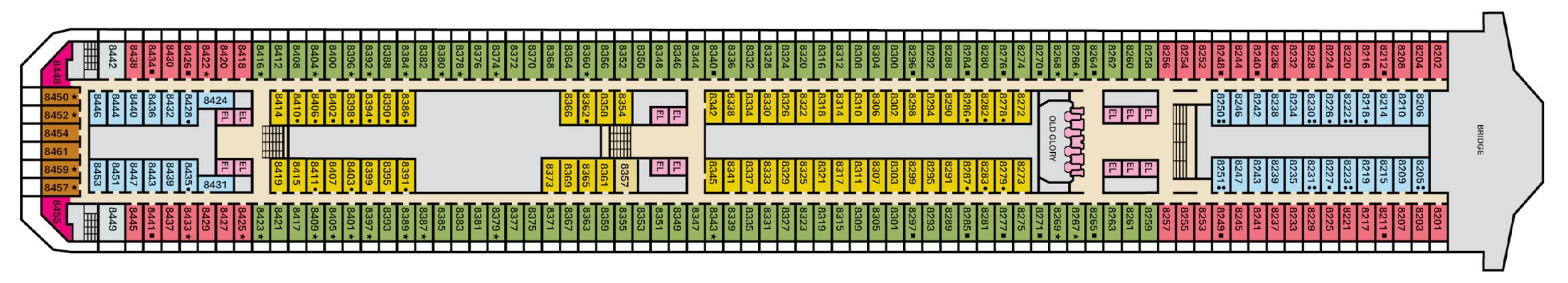 Carnival Glory, Deck 8: official cabin and venue layout