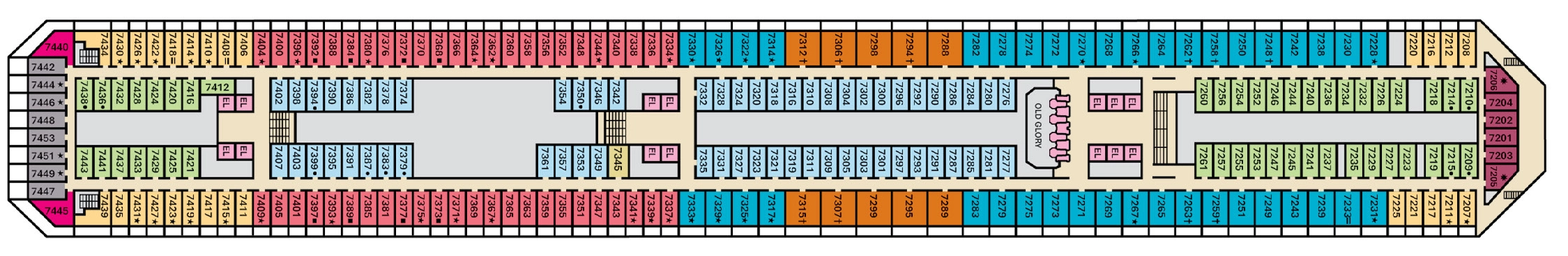 Carnival Glory, Deck 7: official cabin and venue layout