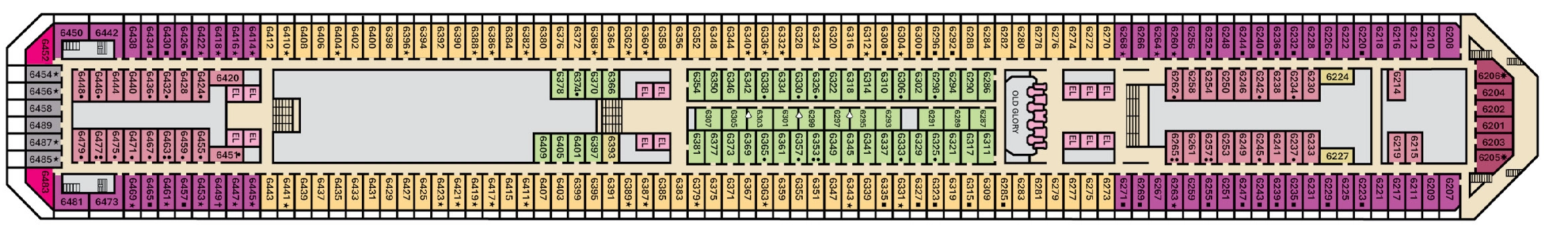 Carnival Glory, Deck 6: official cabin and venue layout