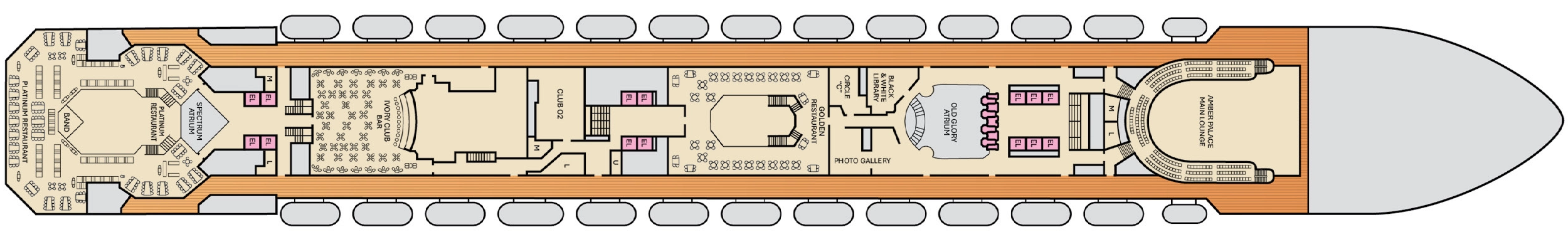 Carnival Glory, Deck 4: official cabin and venue layout