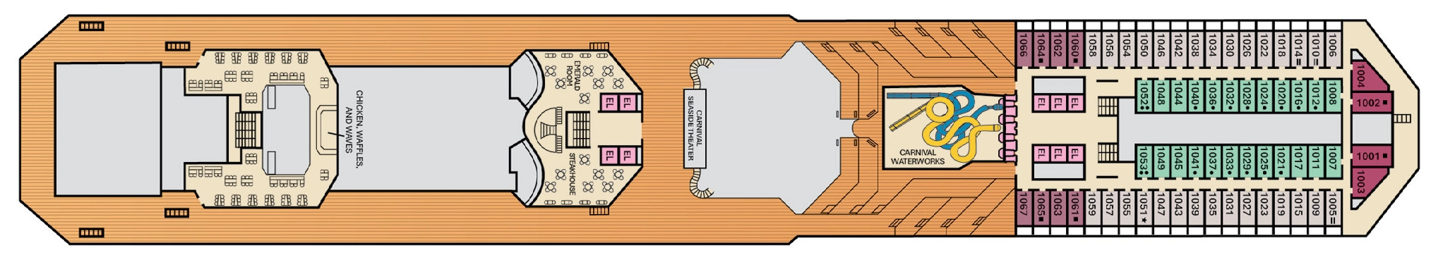 Carnival Glory, Deck 10: official cabin and venue layout
