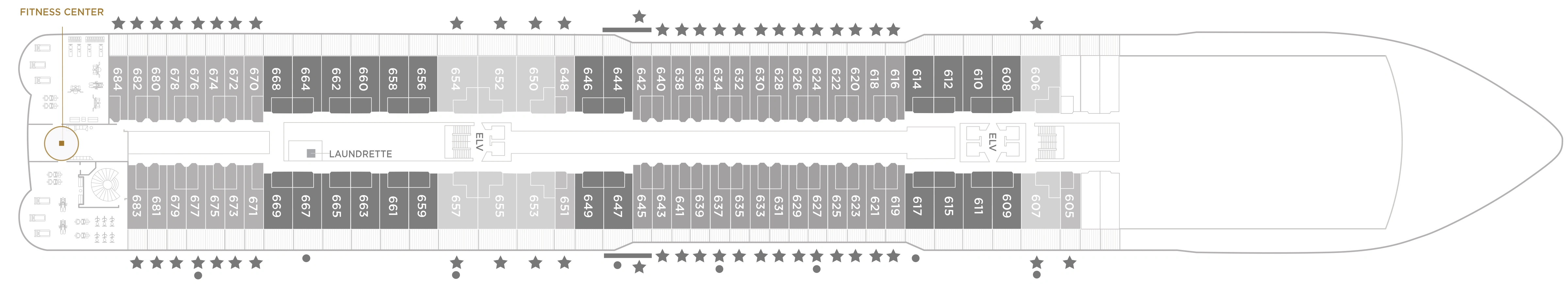 Seven Seas Grandeur, Deck 6: official cabin and venue layout