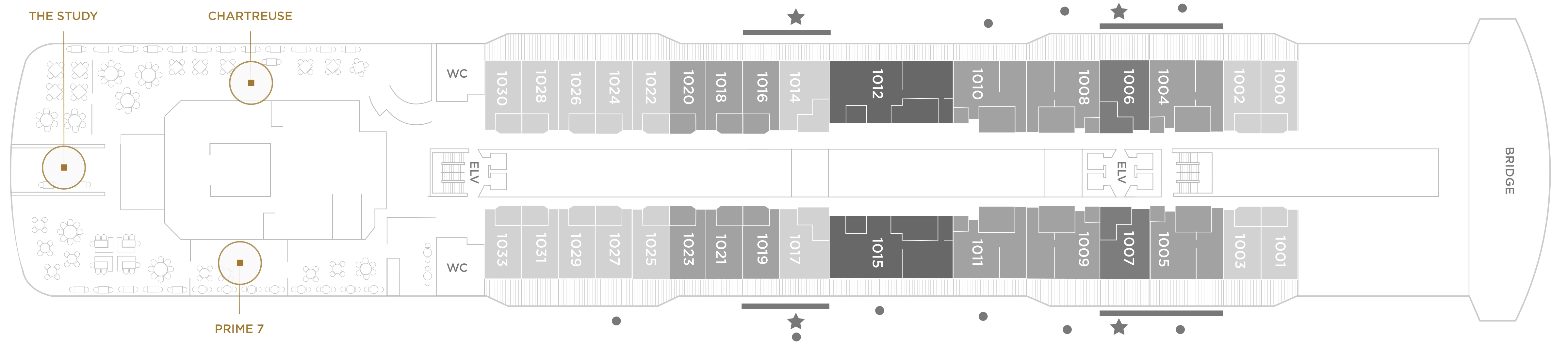 Seven Seas Grandeur, Deck 10: official cabin and venue layout