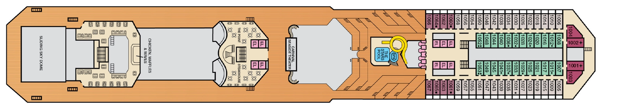 Carnival Conquest, Deck 10: official cabin and venue layout