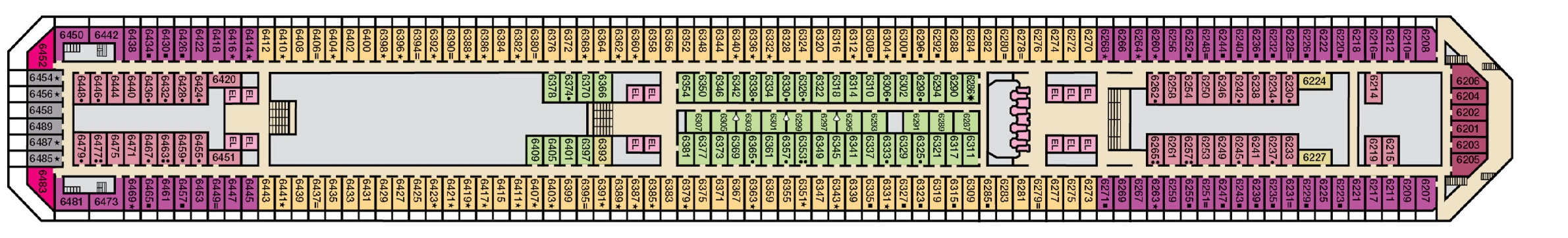 Carnival Conquest, Deck 6: official cabin and venue layout