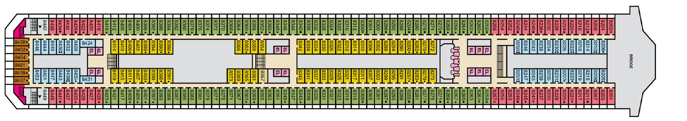 Carnival Conquest, Deck 8: official cabin and venue layout