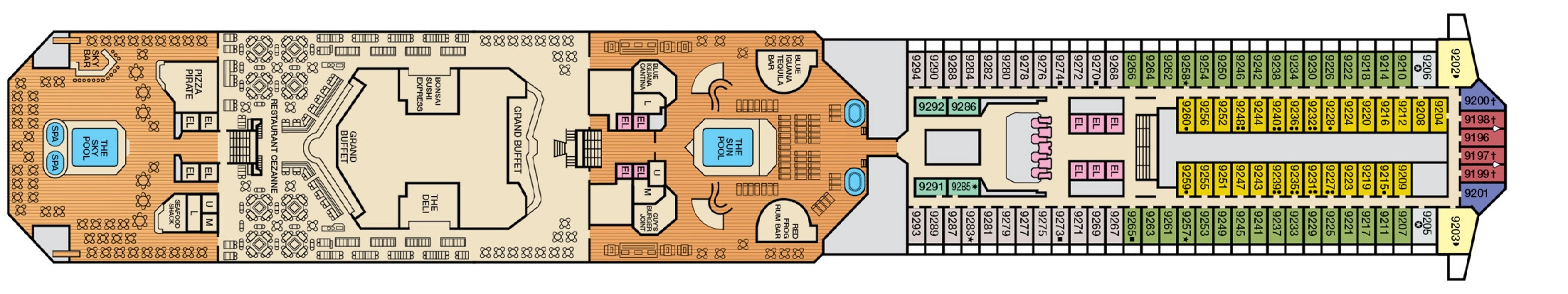 Carnival Conquest, Deck 9: official cabin and venue layout