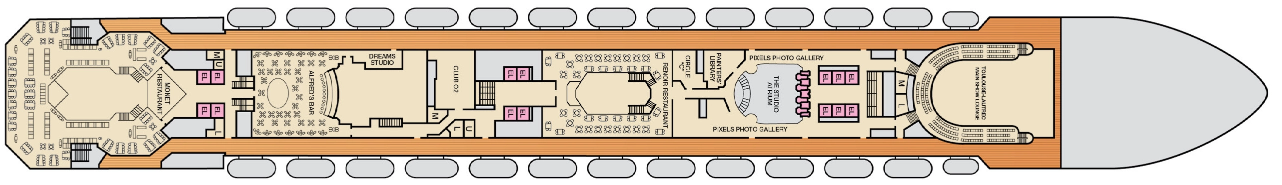 Carnival Conquest, Deck 4: official cabin and venue layout