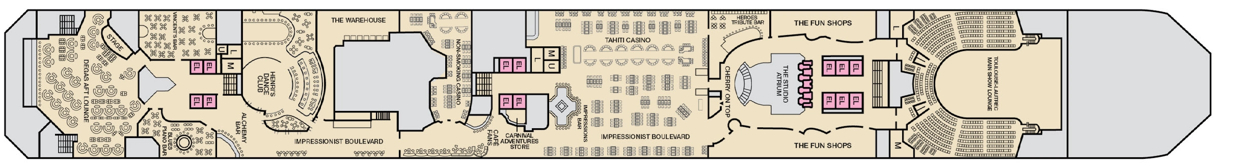 Carnival Conquest, Deck 5: official cabin and venue layout