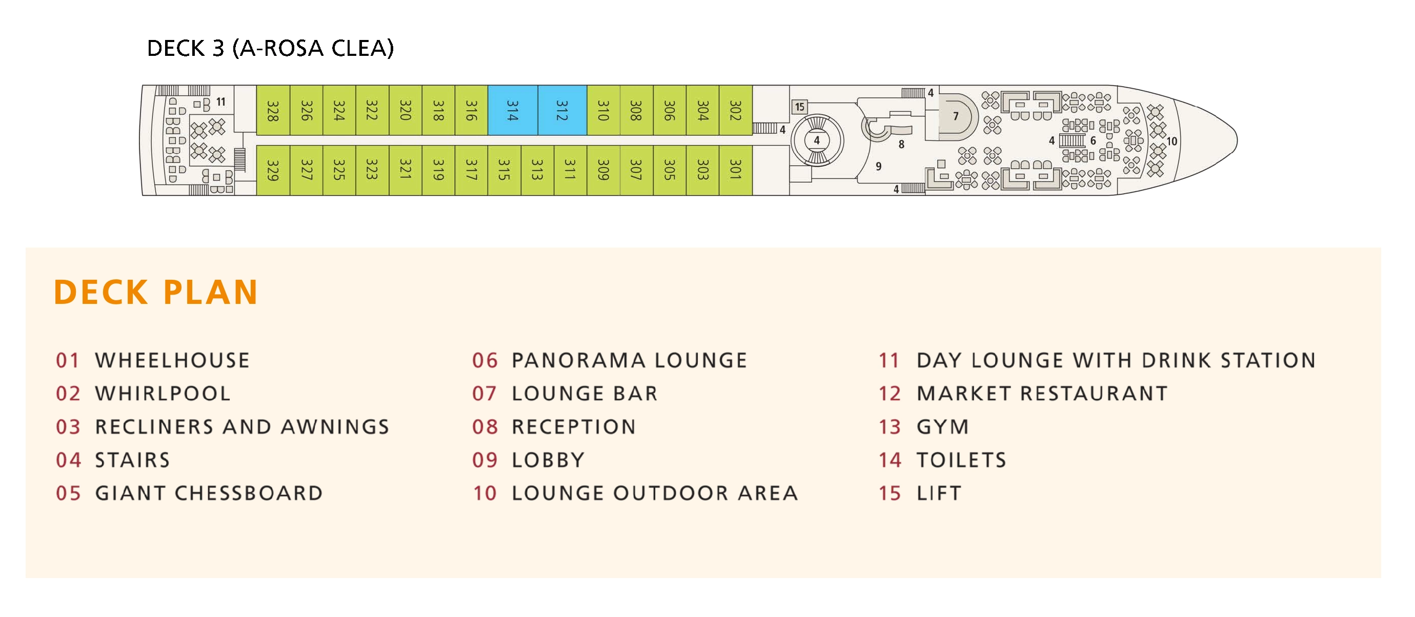 A-ROSA Clea, Deck 3: official cabin and venue layout