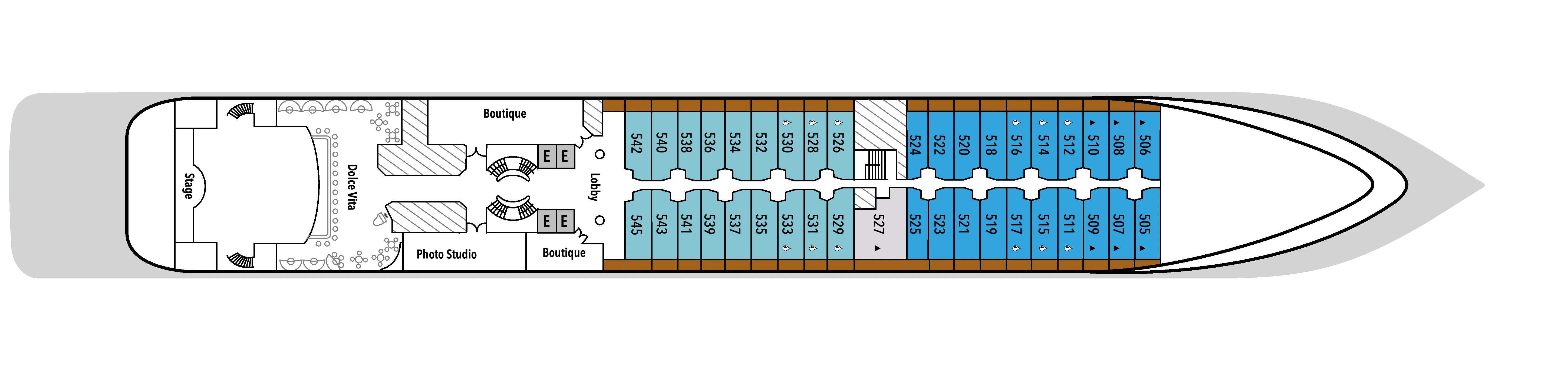 Silver Cloud, Deck 5: official cabin and venue layout