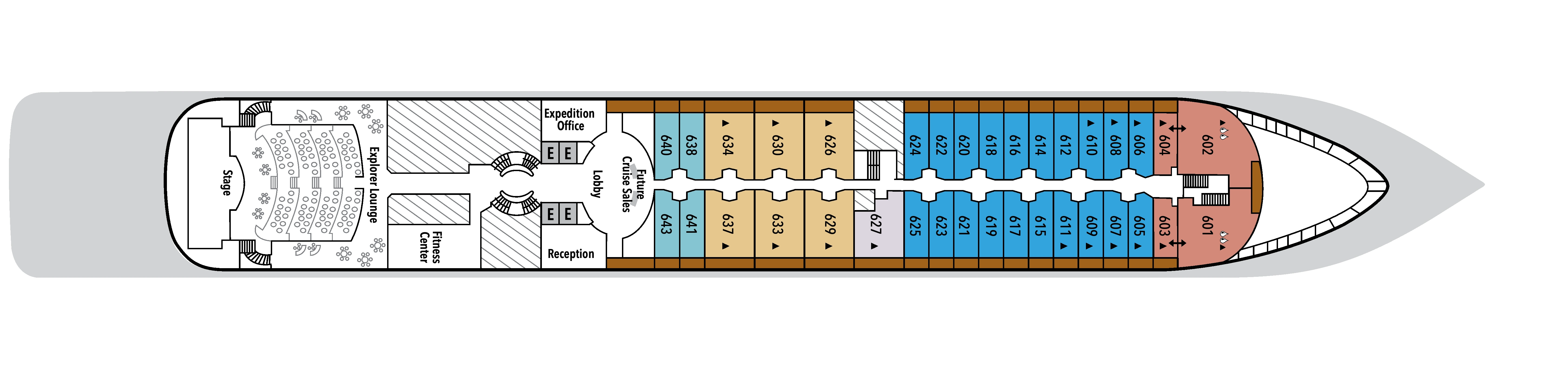 Silver Cloud, Deck 6: official cabin and venue layout