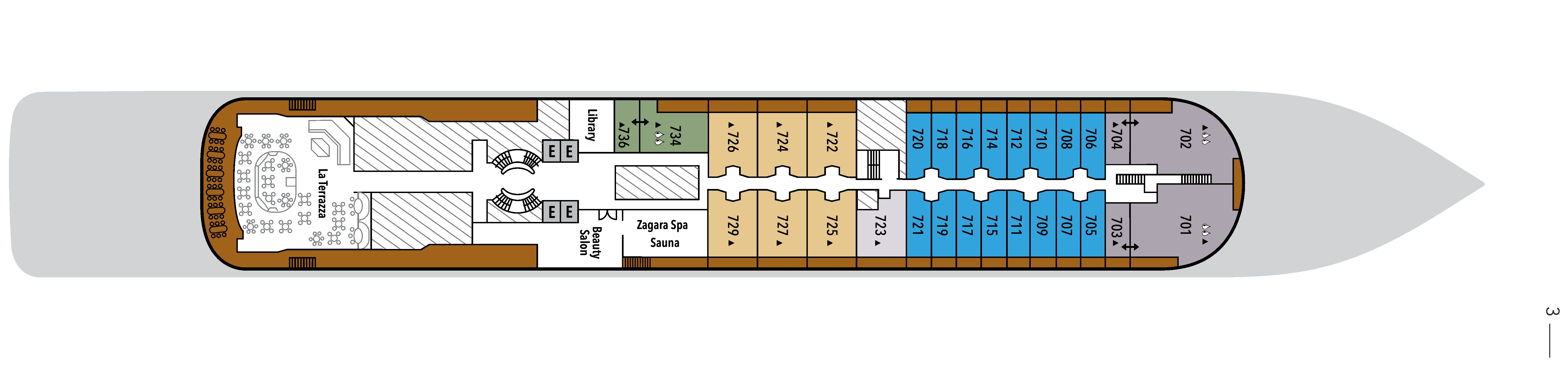 Silver Cloud, Deck 7: official cabin and venue layout