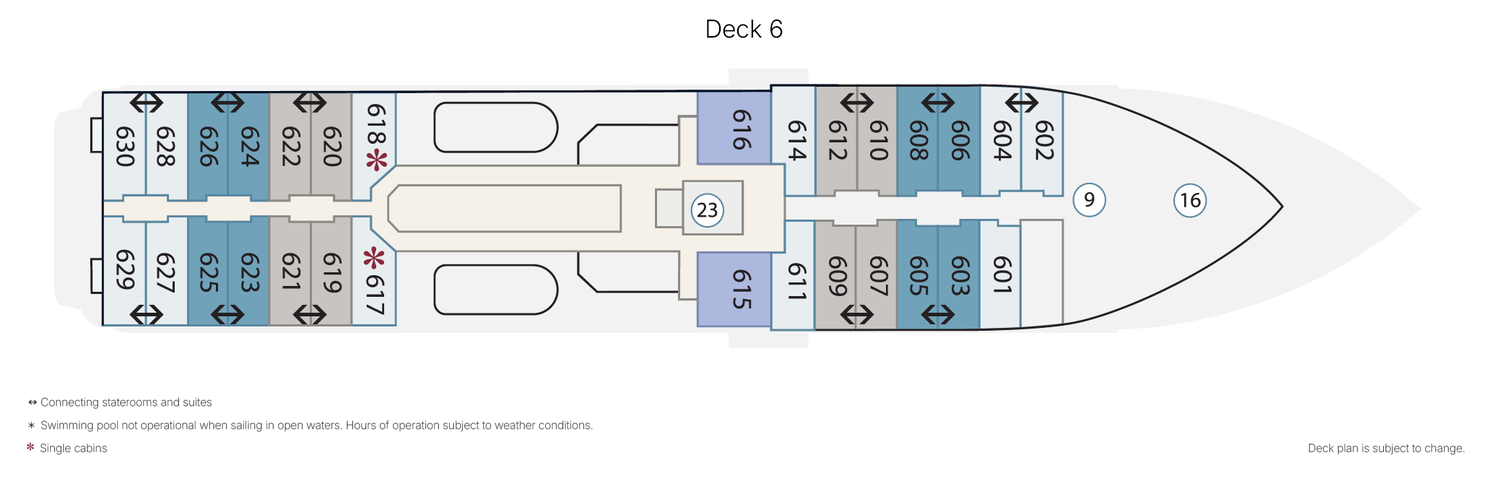 Sylvia Earle, Deck 6: official cabin and venue layout