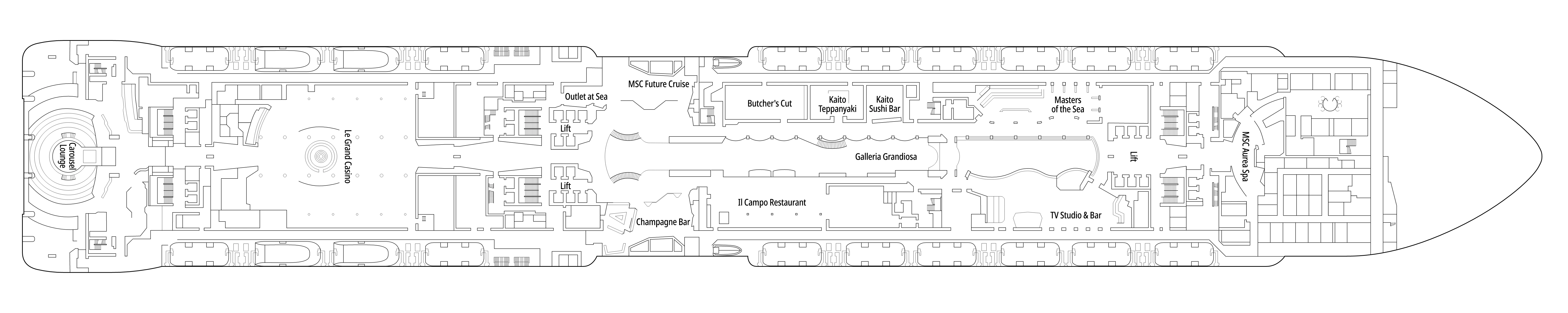 MSC Grandiosa, Deck 7: official cabin and venue layout