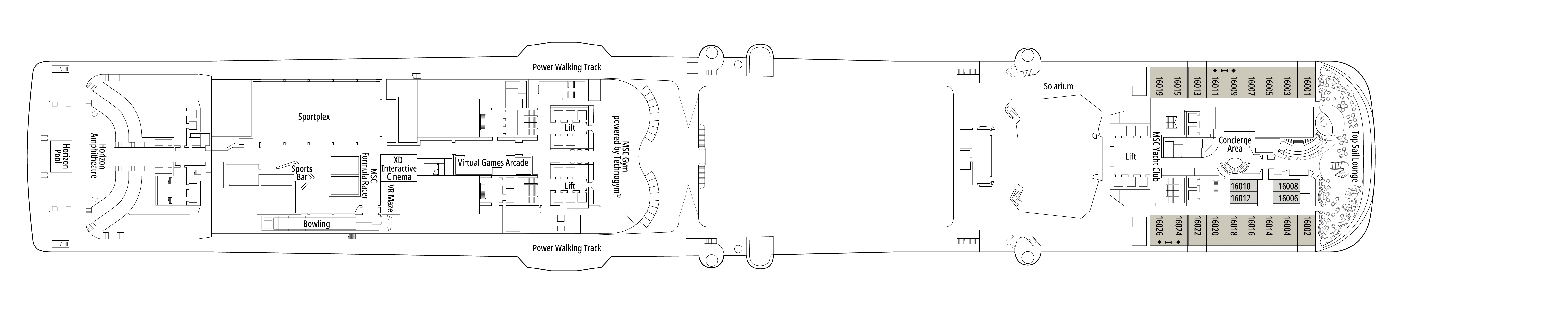 MSC Grandiosa, Deck 16: official cabin and venue layout
