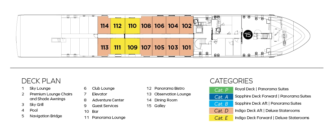 Avalon Alegria, Deck 1: official cabin and venue layout