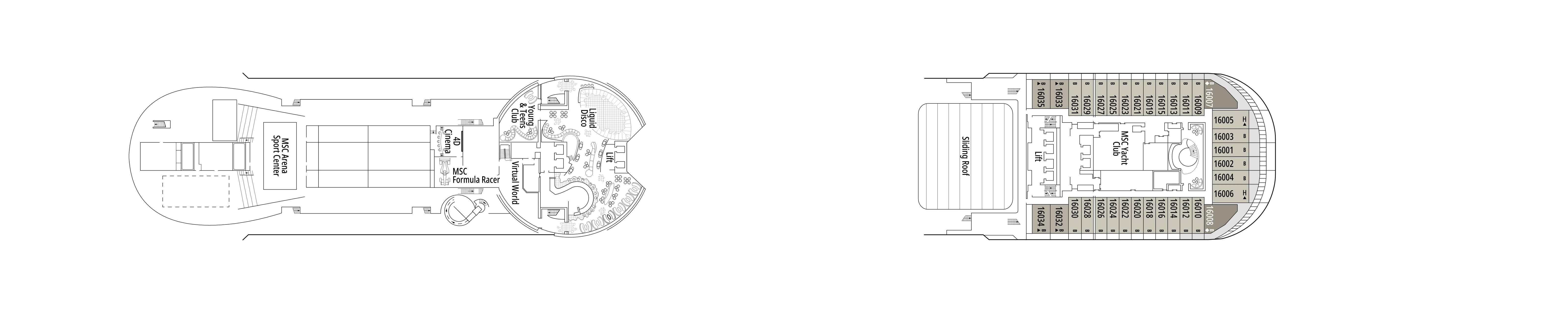 MSC Fantasia, Deck 16: official cabin and venue layout