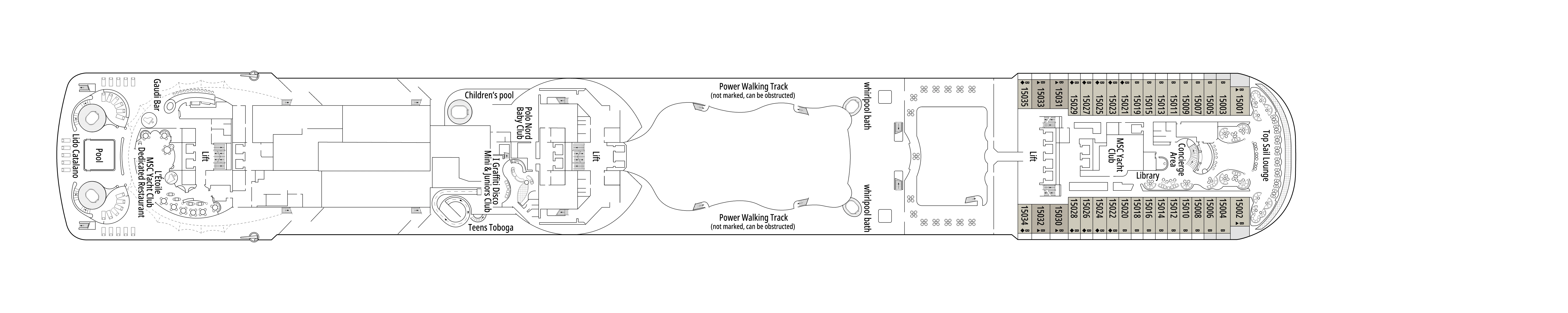 MSC Fantasia, Deck 15: official cabin and venue layout