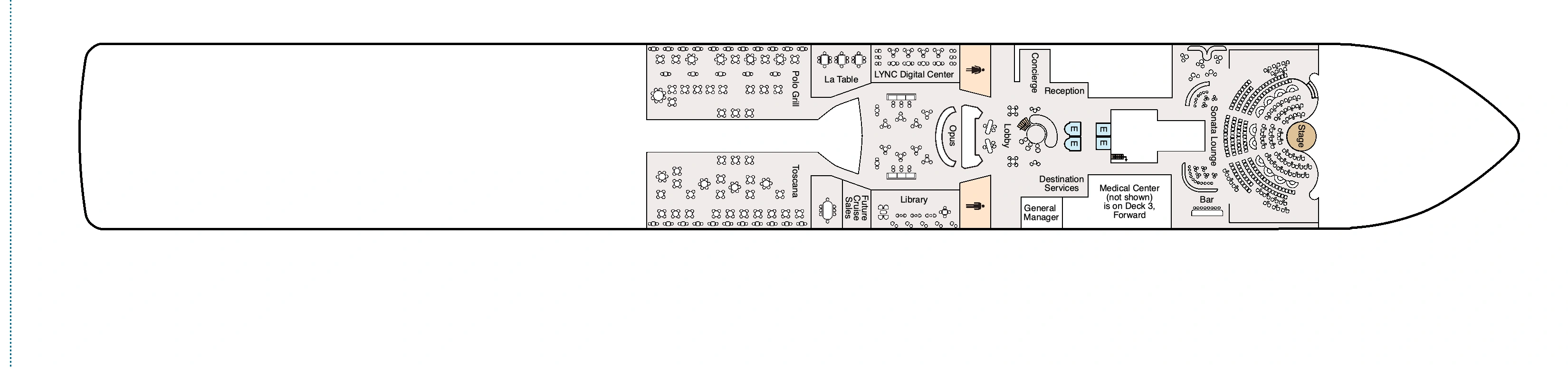 Oceania Sonata, Deck 4: official cabin and venue layout