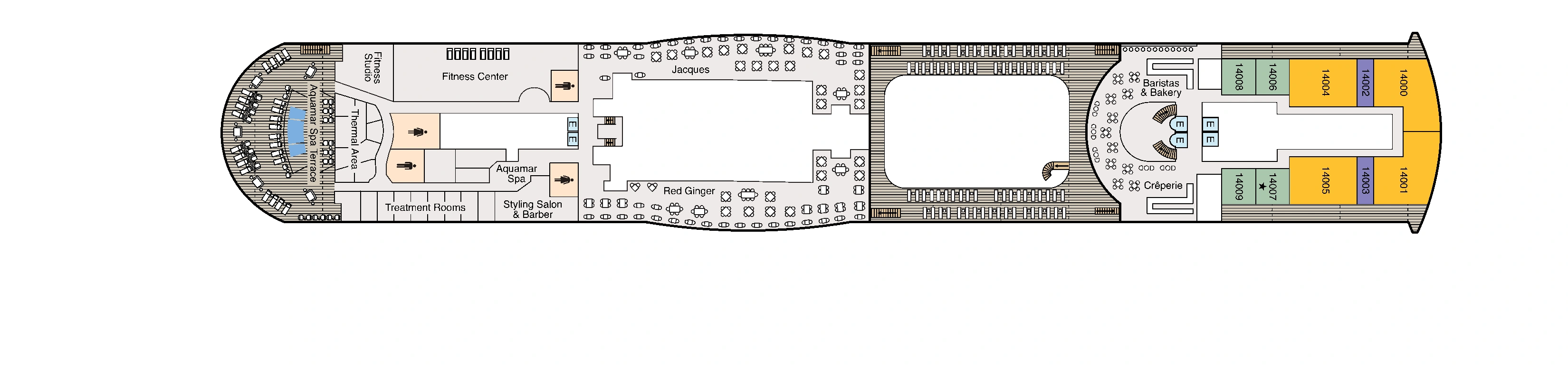 Oceania Sonata, Deck 14: official cabin and venue layout