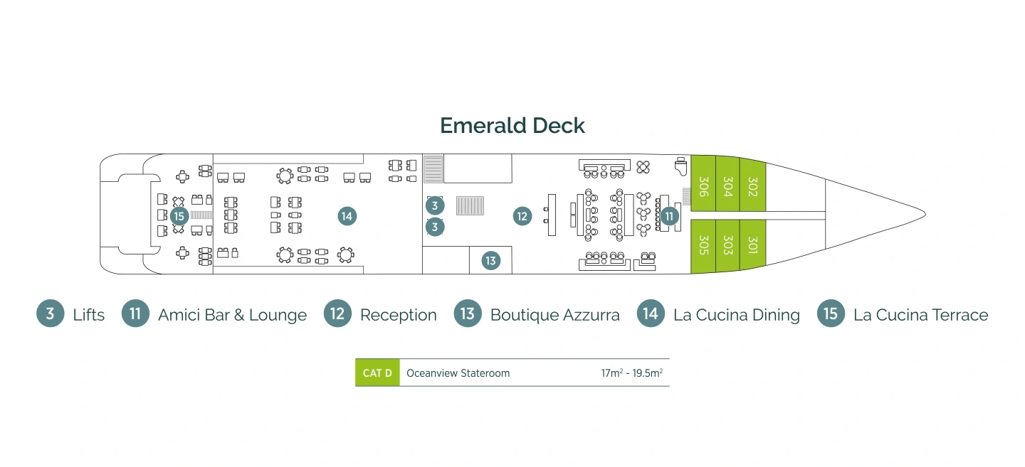 Emerald Sakara, Deck 2: official cabin and venue layout