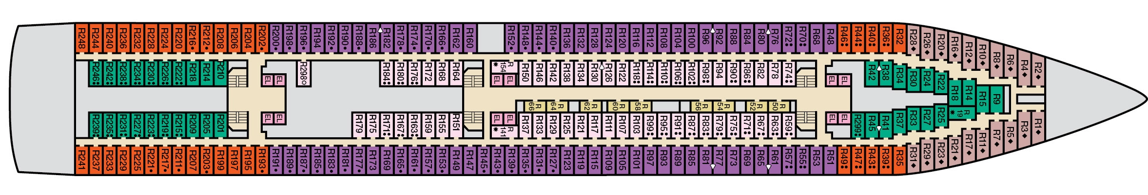 Carnival Paradise, Deck 4: official cabin and venue layout