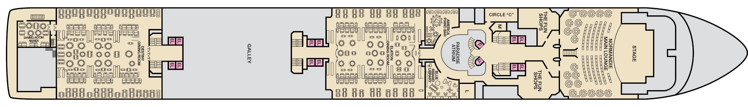 Carnival Paradise, Deck 8: official cabin and venue layout