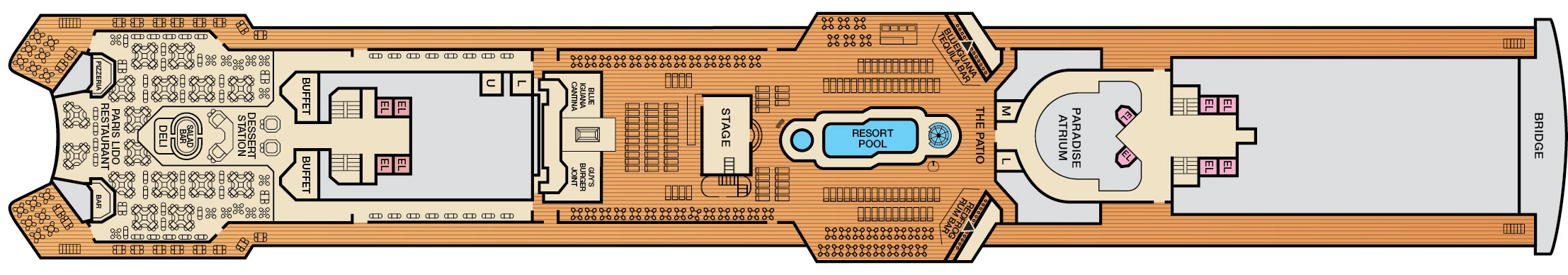 Carnival Paradise, Deck 10: official cabin and venue layout