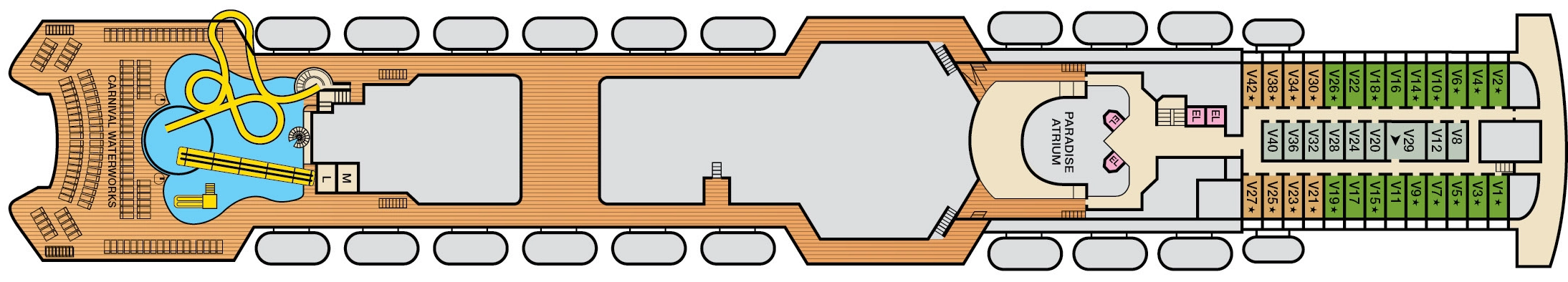 Carnival Paradise, Deck 11: official cabin and venue layout