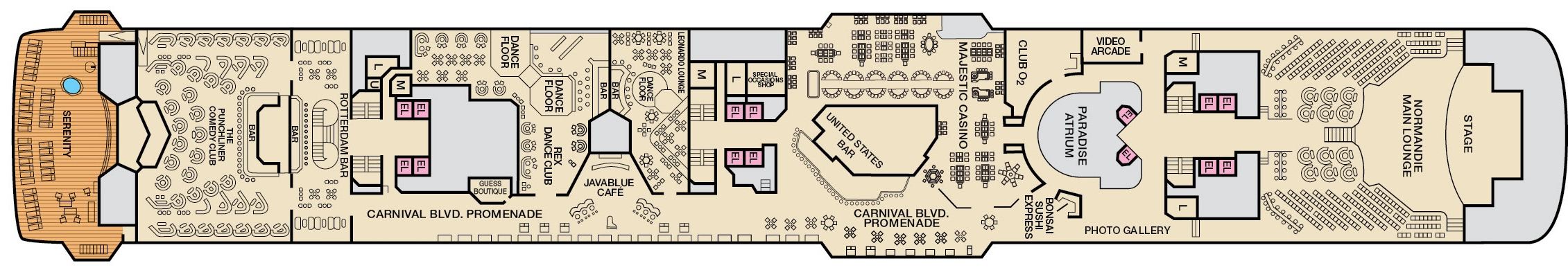 Carnival Paradise, Deck 9: official cabin and venue layout