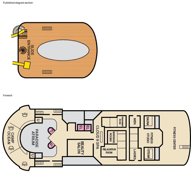 Carnival Paradise, Deck 12: official cabin and venue layout