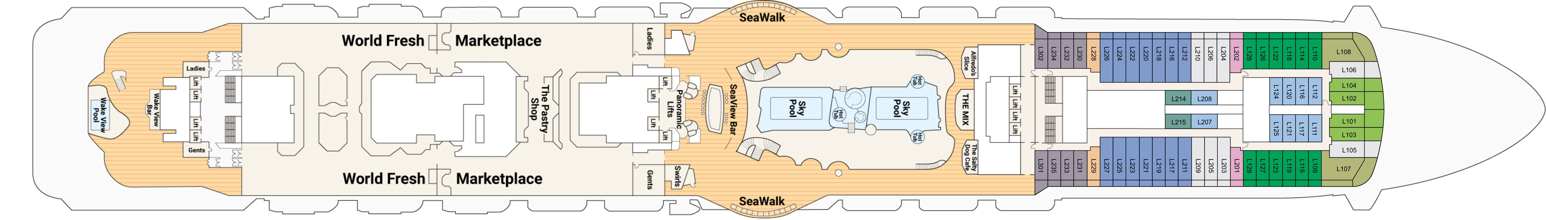Enchanted Princess, Deck 16: official cabin and venue layout