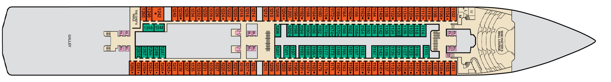 Carnival Miracle, Deck 1: official cabin and venue layout