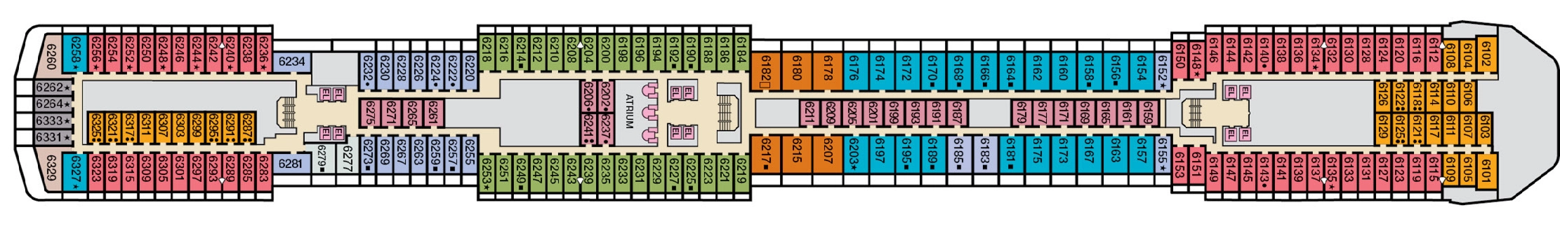 Carnival Miracle, Deck 6: official cabin and venue layout