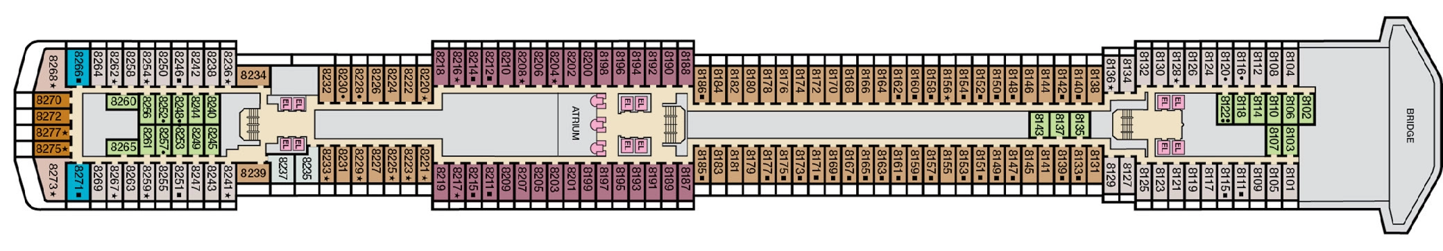 Carnival Miracle, Deck 8: official cabin and venue layout
