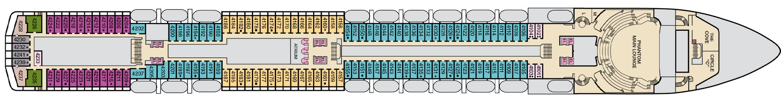 Carnival Miracle, Deck 4: official cabin and venue layout