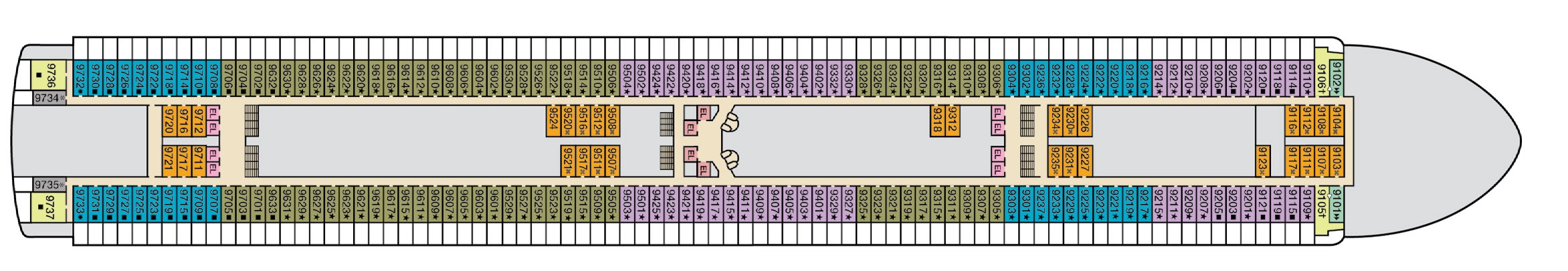 Carnival Adventure, Deck 9: official cabin and venue layout