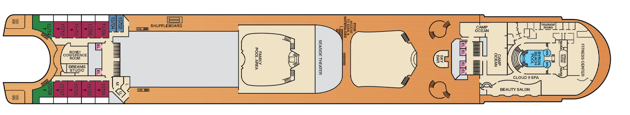 Carnival Adventure, Deck 15: official cabin and venue layout