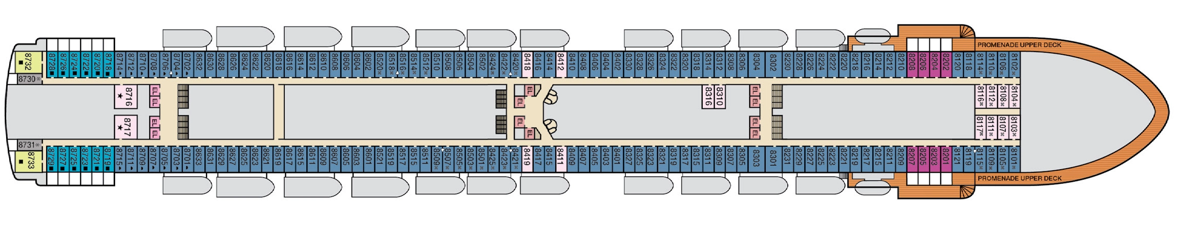 Carnival Adventure, Deck 8: official cabin and venue layout