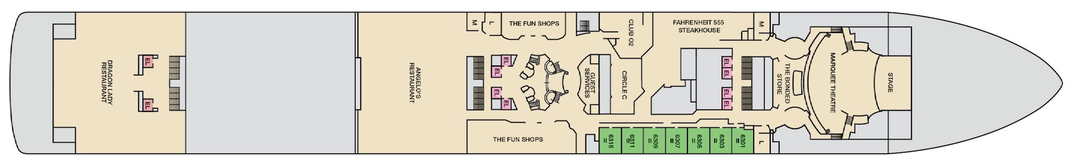 Carnival Adventure, Deck 6: official cabin and venue layout