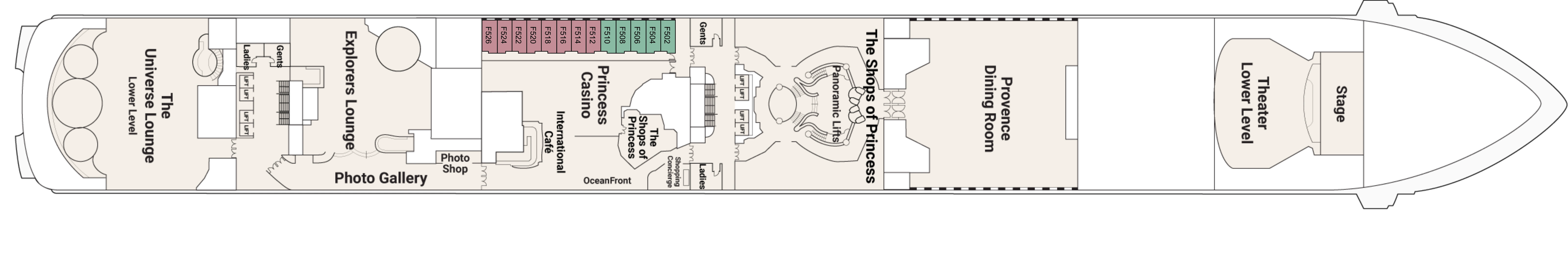 Coral Princess, Deck 6: official cabin and venue layout