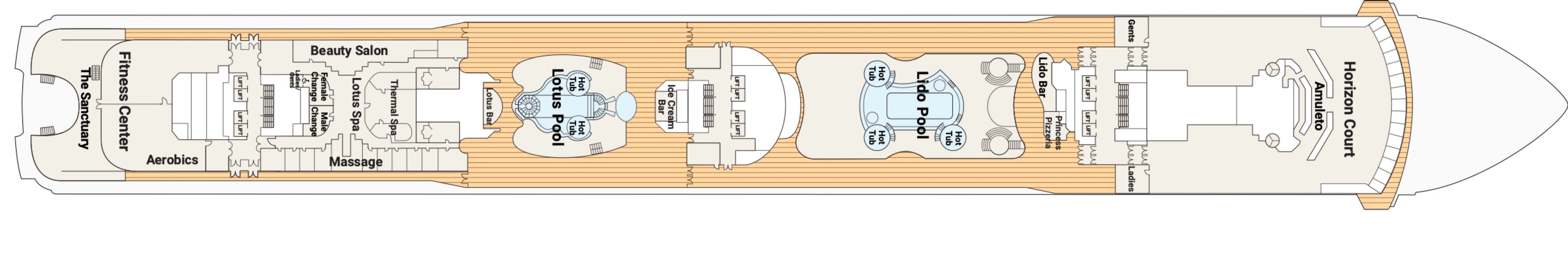 Coral Princess, Deck 14: official cabin and venue layout