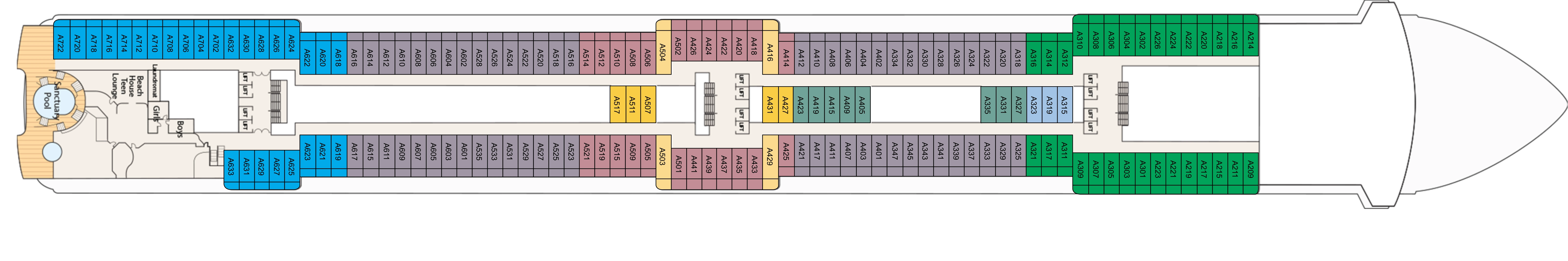 Coral Princess, Deck 12: official cabin and venue layout