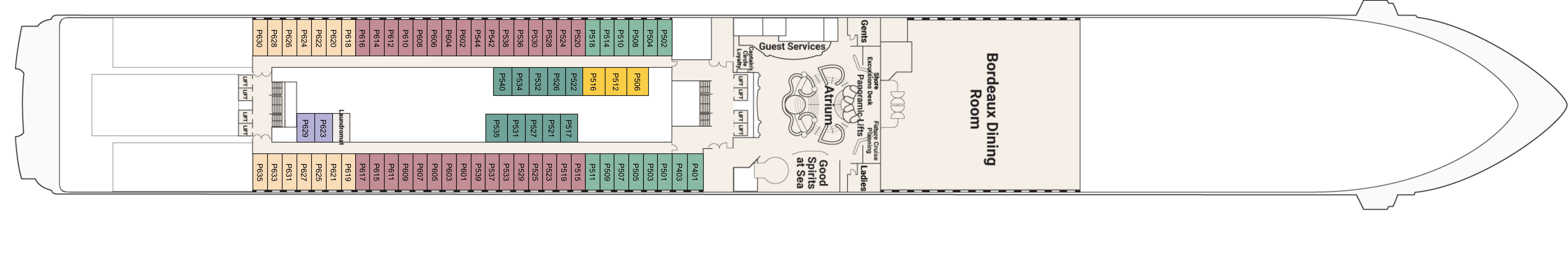 Coral Princess, Deck 5: official cabin and venue layout